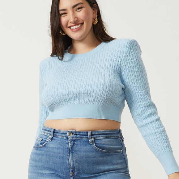 Revolve LPA Poppy Cable Knit Padded Shoulder Wool Blend Blue Cropped Sweater - Picture 3 of 8